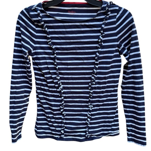 Boden Tops - Boden Womens Size 4 Long Sleeve Top Navy Blue White Striped Ruffle Preppy
